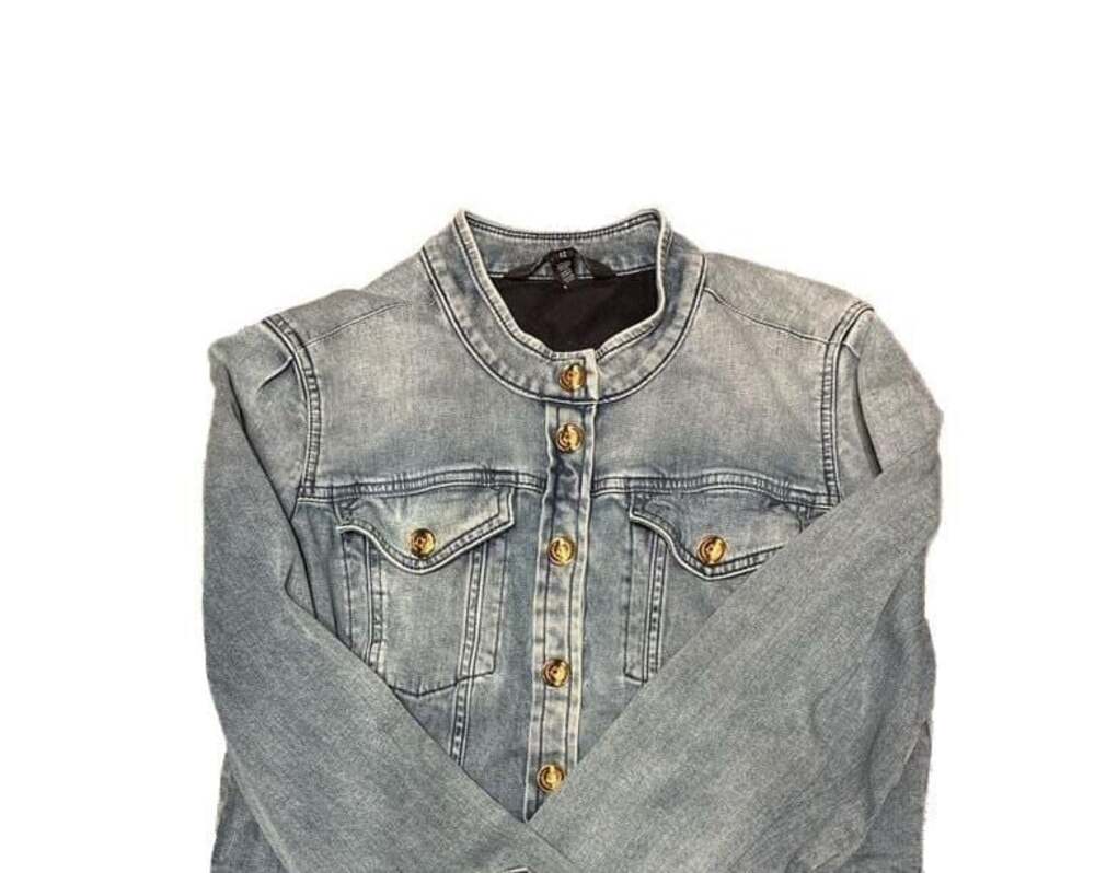 White House Black Market Women's Collar Denim Jacket w/Gold Tone Buttons-prelove